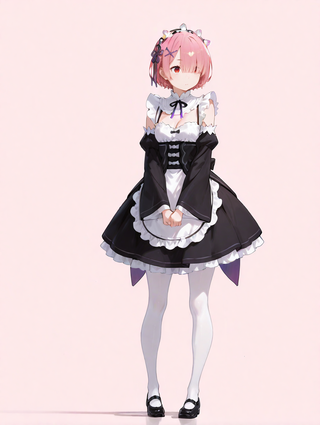 perfect quality,high quality,masterpiece,best quality,amazing quality,very aesthetic,absurdres,Cinematic Lighting,newest,Tactical use of shadow,
front view,full_shot,Disbelief,
RAMCYQL,1girl,solo,short hair,bangs,pink hair,hair over one eye,red eyes,hair ornament,x hair ornament,maid headdress,ribbon,hair ribbon,purple ribbon,maid,roswaal mansion maid uniform,black dress,detached sleeves,long sleeves,apron,waist apron,white apron,frills,pantyhose,white pantyhose,mary janes,black footwear,cleavage,
full body,standing,v_arms,,
pink background,simple background,
<lora:ponyv5_noobV065S_1_adamW-000013:0.7>,<lora:wl-illV1-000017:0.7>,<lora:zzziGnXL_il_lokr_V531:0.5>,<lora:USNR STYLE_XL_loha:0.45>,usnr,,<lora:RAMCYQL:1>,
