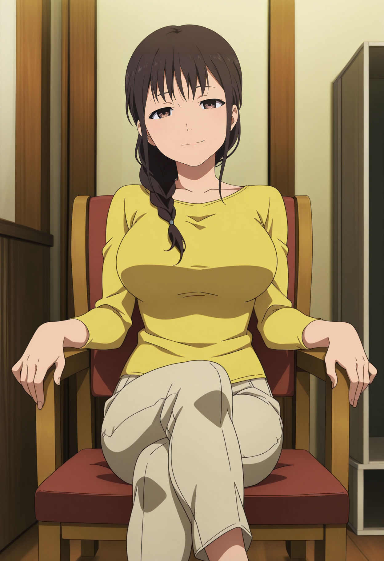 1girl,solo,Misato,brown hair,braid,long hair,brown eyes,hair over shoulder,large breasts,anime coloring,
yellow shirt,long sleeves, pants,sitting,on chair,crossed legs, looking at viewer, smile,indoors
,masterpiece,best quality,amazing quality,<lora:Misato_Segawa-Shirobako:0.85>