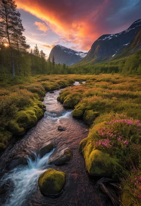 masterpiece, best quality, vibrant colors, RAW photo, Norway, pristine nature, wild, forest grove, stunning sunset, delicate clouds, amazing sky, primeval landscape, forest creek, colorful scenery, hyper realistic, beautiful atmosphere, dense humid, 8k, ultra realistic, higly detailed,