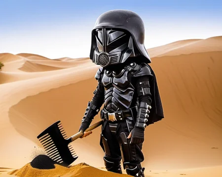 Dark Helmet, standing on a sand dune, holding a giant black comb, raking the desert sand with a hair comb, <lora:dark_helmet:1> ,