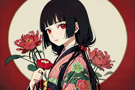 enma ai, hair down, hair black, bangs, eyes red, masterpiece, best quality, ultra-detailed, illustration, 1girl, solo, highres, photorealistic, ultra high res, (Original illustration composition), (fusion of limited color,Maximalism artstyle, kimono obi fashion, double exposure, background, illustration, Amazing, lily spider, night darkness, open one's mouth, finger, bouquet flowers red, low twintails, (polychromatic peony:1.15), Movie poster,