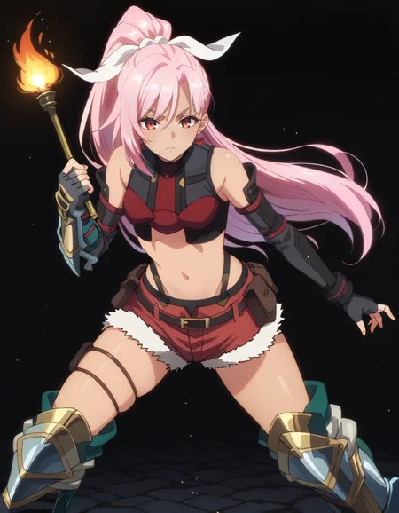 score_9, score_8_up, score_7_up, source_anime, BREAK
1girl, solo, looking at viewer, gradient background, fighting stance,
liz smart, dark skin, long hair, pink hair, hair ribbon, high ponytail, red eyes, heart earrings,
crop top, bare shoulders, detached sleeves, long sleeves, fingerless gloves, midriff, navel, fur-trimmed shorts, belt, pouch, thigh straps, armored boots,
full body, dungeon, dark background, light rays, light particles, fire, torch,
<lora:liz_smart_anime-soralz:1>, <lora:DarkerThanDarkV0.8:0.5>, dark, night, day, black background