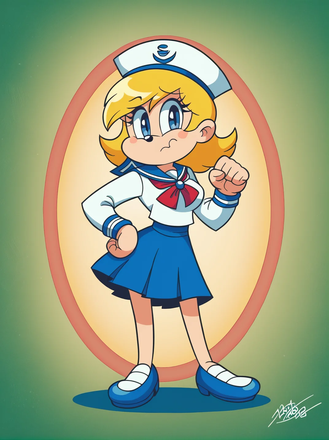 score_9,
1girl, blonde hair, medium hair, sailor uniform, hat, skirt, cute pose, nervous, medium breasts, blue eyes, long sleeves, red tie, one hand on hips, one hand up,
,looking at viewer, (dynamic pose:1.1), full body, colorful background,
, RetroXL, toon \(style\), semi chibi, <lora:RetroToonXL_Style:1>