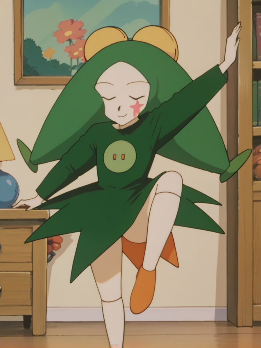 score_9, score_8_up, score_7_up, score_6_up, score_5_up, score_4_up,source_anime,anime screencap,uncensored,1girl,child,flat chested,BREAK
<lora:topema_v1:1> toppemampt,  green hair,  colored skin, facepaint, green shirt, green dress,long sleeves,living room,holding skirt, solo,smile,eyes closed, on one leg, holding dress,