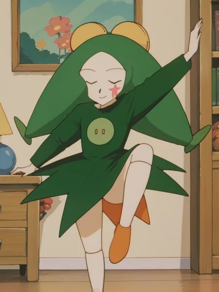 score_9, score_8_up, score_7_up, score_6_up, score_5_up, score_4_up,source_anime,anime screencap,uncensored,1girl,child,flat chested,BREAK
<lora:topema_v1:1> toppemampt, green hair, colored skin, facepaint, green shirt, green dress,long sleeves,living room,holding skirt, solo,smile,eyes closed, on one leg, holding dress,