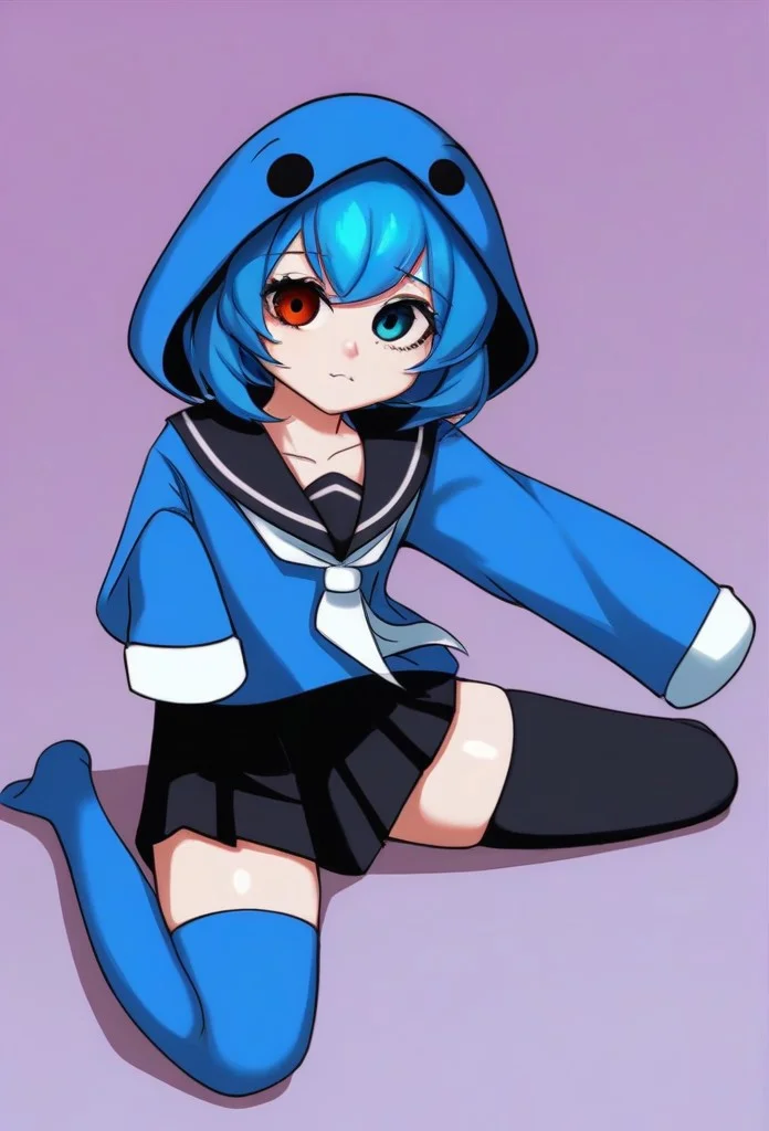 (1girl, solo, , , Switchchan, heterochromia, sailor collar, sleeves past wrists, sleeves past fingers, school uniform, shirt, serafuku, black thighhighs, FMAJIN, Dcchan, blue hair, short hair, blue hoodie, animal hood:1.3),(Recovery position, full body focus, body focus:1.3),zPDXL3,SimplePositiveXLv2, detail1eye, looking at viewer