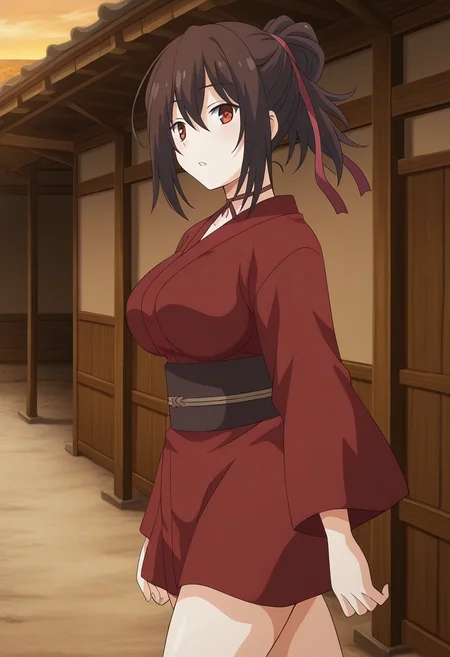 1girl, solo, kunobotananm, brown hair, hair ribbon, ponytail, red eyes, choker, short kimono, obi, large breasts, walking, outdoors, feudal village, early morning, parted lips, from side, cowboy shot, looking at viewer,