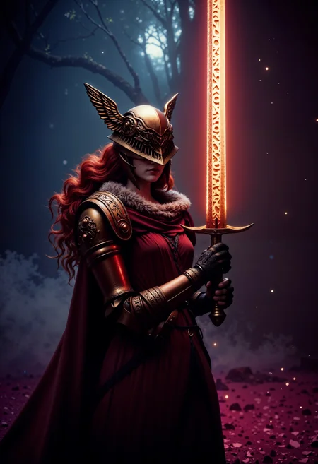 A dark and dramatic scene of MaleniaNorm, the undefeated warrior, standing confidently in the center, her slender form draped in crimson and gold armor adorned with thorn-like details. Her face is partially obscured by her intricate golden helm, revealing only her cold, determined eyes and flowing red hair. She wields her iconic, massive rune-etched katana, glowing faintly with a vibrant scarlet light, hovering just above her hand as if controlled by her sheer will. Her armored hands, gloved in ornate metallic designs, grip the sword’s hilt with deadly precision. The background is shrouded in darkness, accented by splashes of vivid neon reds, blues, and purples that create an otherworldly, chaotic atmosphere. The scene blends cyberpunk and dark fantasy aesthetics, emphasizing dramatic lighting, high contrast, and a shallow depth of field. Bokeh effects and film grain add a cinematic, moody quality to the shot, capturing Malenia’s haunting beauty and deadly presence in stunning, highly detailed fashion. (maximum ultra high definition image quality and rendering:3), maximum image detail, maximum realistic render, (((ultra realist style))), realist side lighting, , 8K high definition, realist soft lighting, (amazing special effect:3.5) <lora:FluxMaleniaNorm:1>