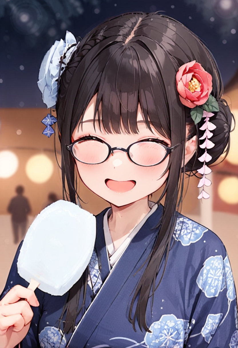 masterpiece, best quality, very aesthetic, absurdres,
1girl, solo, glasses, black hair, food, long hair, blush, holding, holding food, yukata, floral print, hair ornament, hair flower, hair bun, uchiwa, paper fan, paper lantern, night, blurry background, happy, laughing,  
garigarikun, 
<lora:garigarikun_SDXL_V1:1>