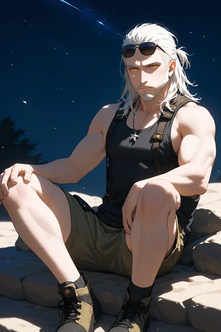 g3r4lt, score_9, score_8_up, score_7_up, 1boy, solo, cargo short, tank top, sunglasses, knees together feet apart, starry night, clear sky, <lora:g3r4lt:1.0>