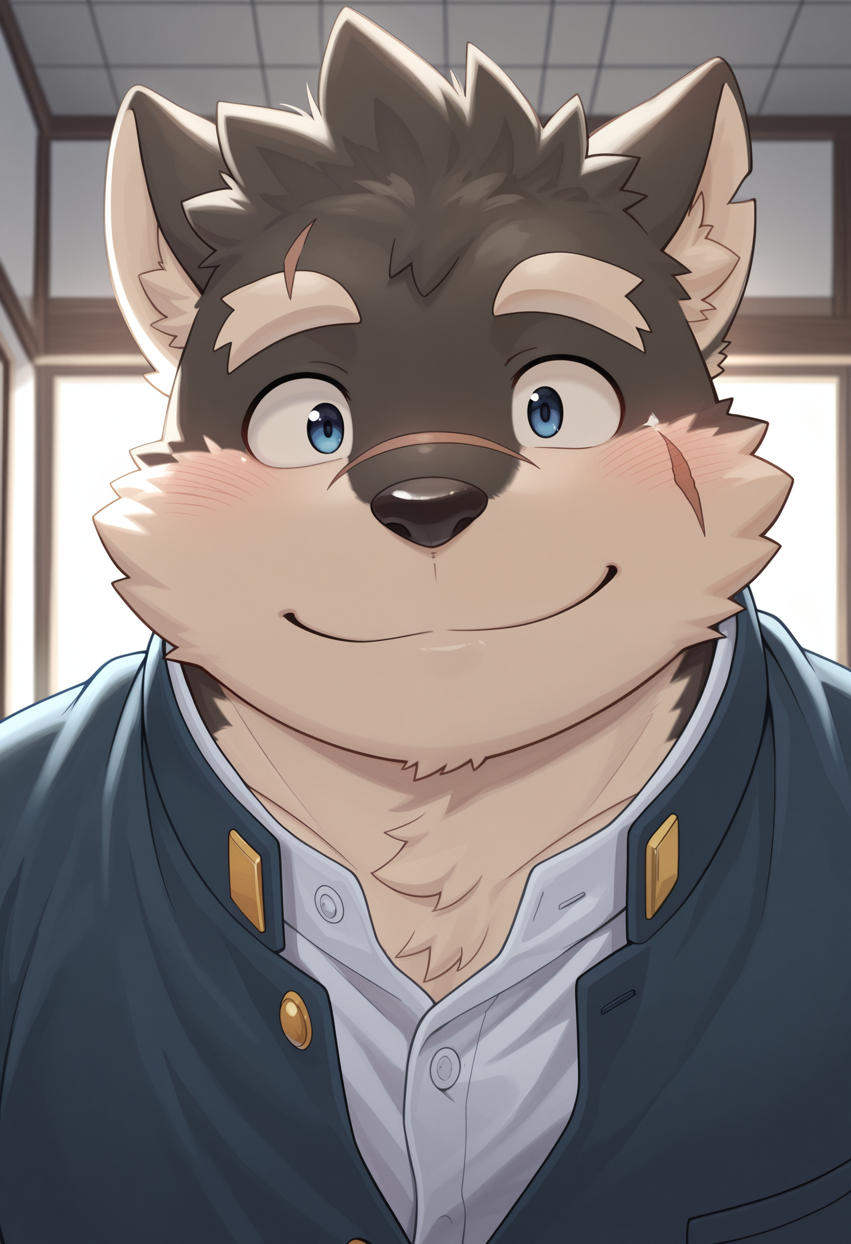 masterpiece, best quality, amazing quality, 1boy, solo, MoritakaTas, uniform, white shirt, close-up, smile