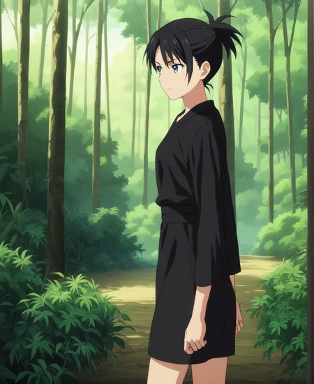 score_9,score_8_up,score_7_up,score_6_up,source anime BREAK, anime screencap,
1girl,black dress,blue eyes,black hair,scenery,cowboy shot,serious,forest,nature,sunset
 <lora:Anime Screencap_epoch_10:1.2>