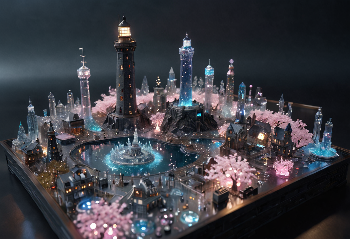 realistic, RAW photo, high quality, Stable_Yogis_PDXL_Positives, photo from a height of a huge <lora:Space_Worlds_Minis_3:0.3> swminis3all. swminis3, swminis3all. swminis3bis, made of <lora:mo:0.1> made of glass,crystals cs-cr1stal-v2, in <lora:realistic godrays-GMR:0.8> godrays, rays, light rays, <lora:sdxl_cyberpunk:0.9> cyberpunk style,<lora:Cyberpunk:0.0> CPUNK vast city with <lora:FN-dream world_XL-V1.0:0.0> Fantasy Dream,cherry blossom tree,dark night,<lora:lighthouse-xl:0.5> Lighthouse, in <lora:Picky-000007:0.4> p41nt3dw0r1d26, featuring