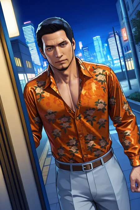 perfect anatomy, perfect proportions, best quality, masterpiece, high_resolution, high quality, best aesthetic, incredibly absurdres, highres, extremely detailed, huge filesize, solo male, adult, mature, masculine, manly, handsome, charming, alluring, standing, upper body, dutch angle, cowboy shot, perfect face, source_game \(Yakuza\), official style \(Yakuza\), source_game \(Judgment\), official style \(Judgment\), Masaharu Kaito, YKZKaito, black hair, short hair, brown eyes, eyebrow slit, small scar cuts through left eyebrow, facial hair, chinstrap beard, jawline beard, YKZKaito_outfit01, orange and yellow and black floral silk button-up shirt, floral print, orange floral shirt, light grey dress pants, black slip-on leather loafers, black shoes, outdoors, night, neon, city
