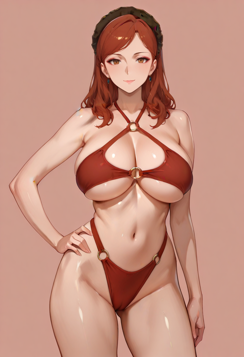 masterpiece, best quality,
1girl, solo, cowboy shot,
standing, hand on own hip,
looking at viewer, light smile,
<lora:Hilda_Boreas_Greyrat:1> H1ld4B0r34sGr31r4t, red hair, long hair, brown eyes, makeup, large breasts, mature female, 
<lora:Shining_summer:0.8>  5h1n1ng_50mm3r, bikini, swimsuit, o-ring,  
simple background, pink background,