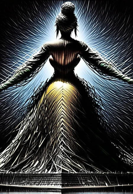 ScribbleRay, FOTOREALISTIC, rear_view, beautiful tall lady, (long yellow gala dress, green details), (wide dress:1.8), blue elbow gloves, background Rio_de_Janeiro, score_9, score_8_up, score_7_up, score_6_up, score_5_up, score_4_up, UHD, 8K, masterpiece, ultra-realistic, Ultra detailed photorealistic background, photoreal, realistic high detailed beautiful face, anatomic correct bodies, ultra_high_resolution, ancient parapet, Extremely Realistic, lots of detail, full_body_visible.
