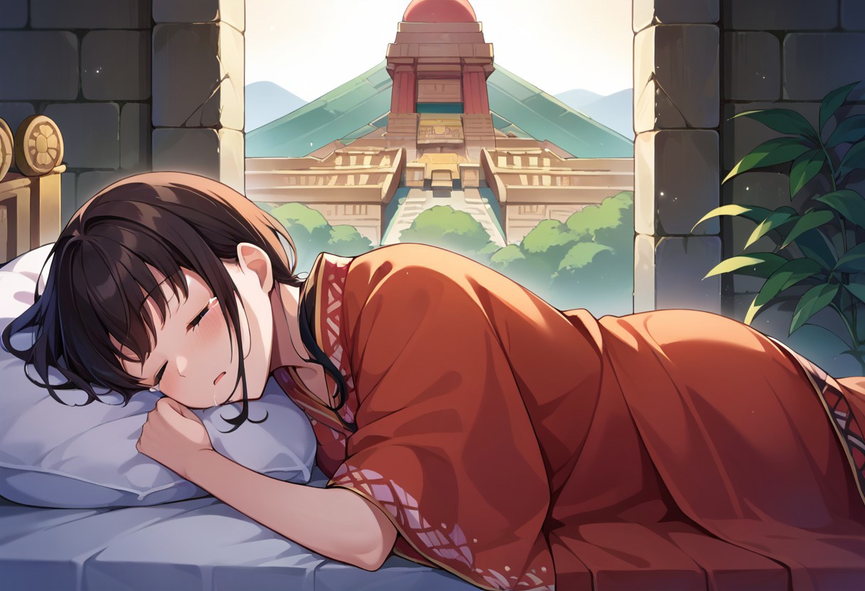 score_9, score_8, score_7, source_anime, aztec, sleeping, lying, on stone bed, temple, tears