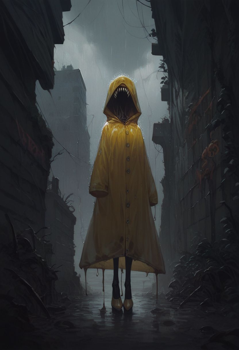 score_9, score_8_up, score_7_up, 1girl, slender, tall, sharp teeth, decaying, melting, raincoat, no eyes, horror theme, rain, outside, city scape, concrete, yellow clothing, standing, Mr_Monster_Possitive, mtms, Expressiveh, high heels, graffiti