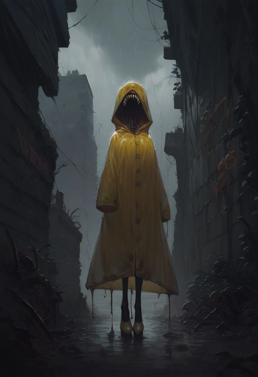 score_9, score_8_up, score_7_up, 1girl, slender, tall, sharp teeth, decaying, melting, raincoat, no eyes, horror theme, rain, outside, city scape, concrete, yellow clothing, standing, Mr_Monster_Possitive, mtms, Expressiveh, high heels, graffiti