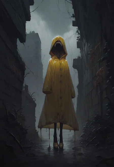 score_9, score_8_up, score_7_up, 1girl, slender, tall, sharp teeth, decaying, melting, raincoat, no eyes, horror theme, rain, outside, city scape, concrete, yellow clothing, standing, Mr_Monster_Possitive, mtms, Expressiveh, high heels, graffiti