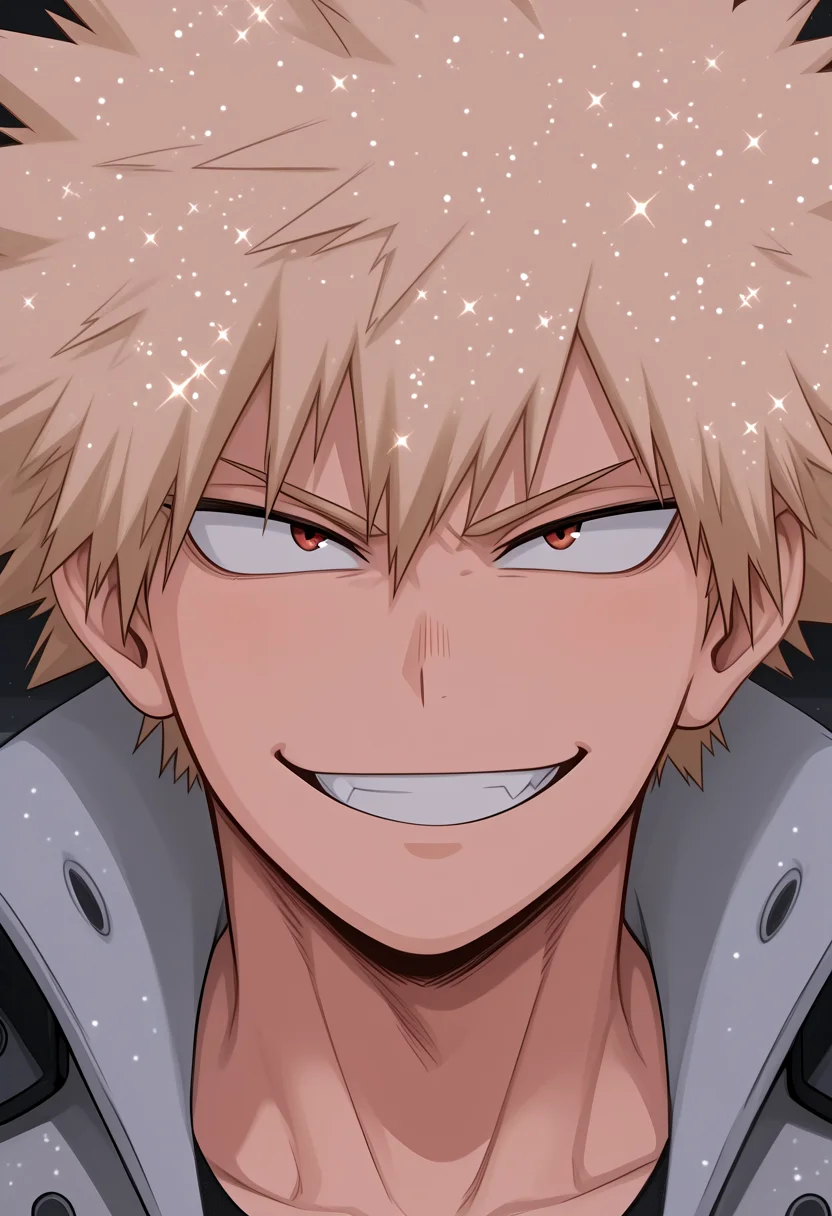 (masterpiece, high quality, amazing detail), highres, (glitter effect:1.5), moot me up, 1boy, solo, face focus, bakugou katsuki, smile, sparkle effect, <lora:Moot_me_up_-_glitter_effect:1>