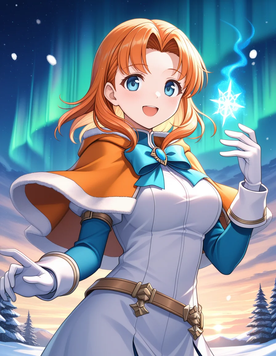 (b3kk4nk0u), <lora:1_illu_bekkankou_10e:1>, 1girl, annette_fantine_dominic (post timeskip), fire emblem, orange hair, blue eyes, medium hair, parted bangs, orange capelet, brooch, blue bow, white gloves, long gloves, white dress, blue sleeves, smile, open mouth, magic, fjord, snow, aurora, (masterpiece, best quality, amazing quality),