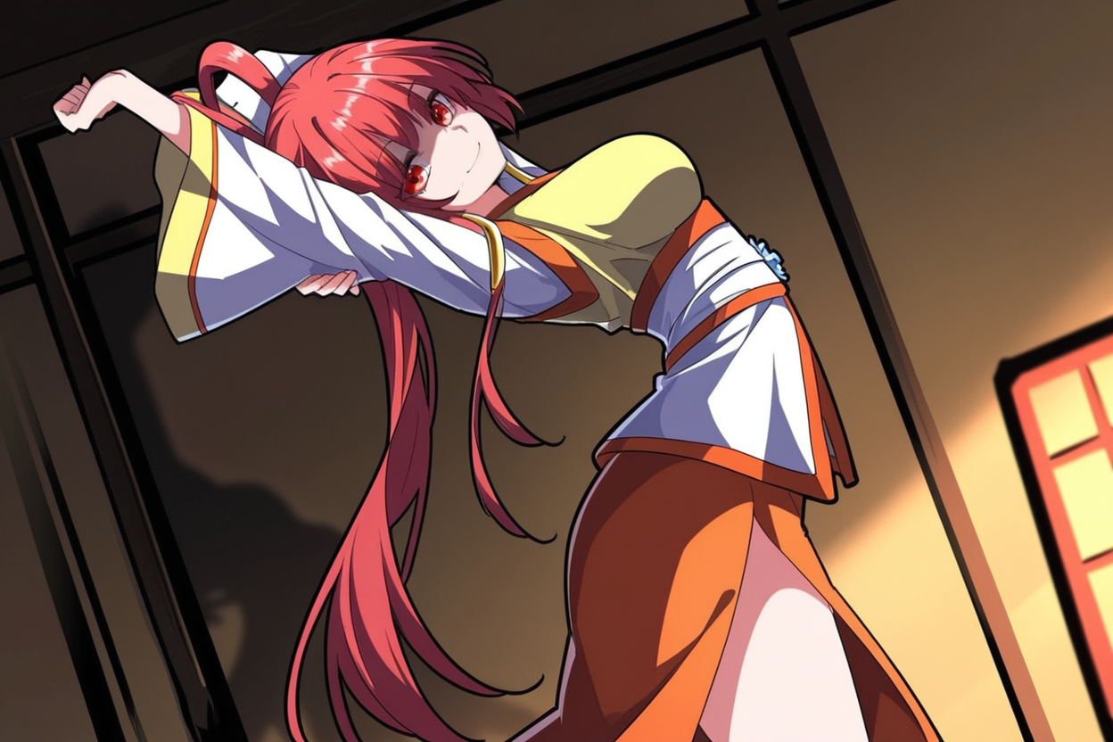 score_9, score_8_up, score_7_up, score_6_up, score_5_up, score_4_up, detailed, absurdres, flat shaded, 2D illustration, cel shaded, vibrant colours, sharp shading, hard shadows, clean linework, thick black outline, clean linework, dramatic lighting,
indoors, 1girl, solo, arms up, from side, stretching, arched back, looking at viewer, smile, cowboy shot,
<lora:Xue Ning-Xiang:0.7>, xue ning-xiang, long hair, red hair, hair rings, japanese clothes, red eyes, long sleeves, wide sleeves,