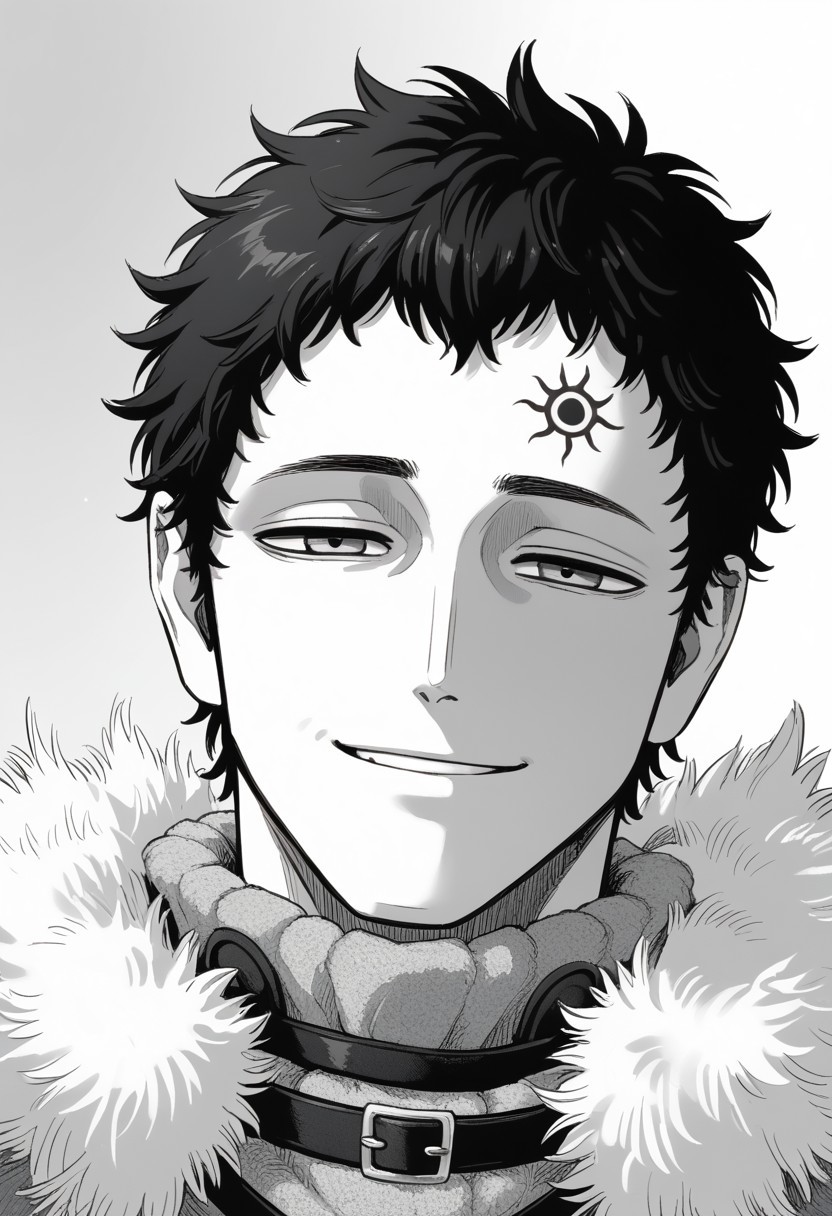 score_9, score_8_up, score_7_up, lucius zogratis, messy short hair, smug smile, forehead mark, furry robe, straps, fur cape, fur mantle, portrait, thinking face, eyes almost closed, ((solo)), manga, black and white, lineart, lines, monochrome, adult, man, man on his 40s