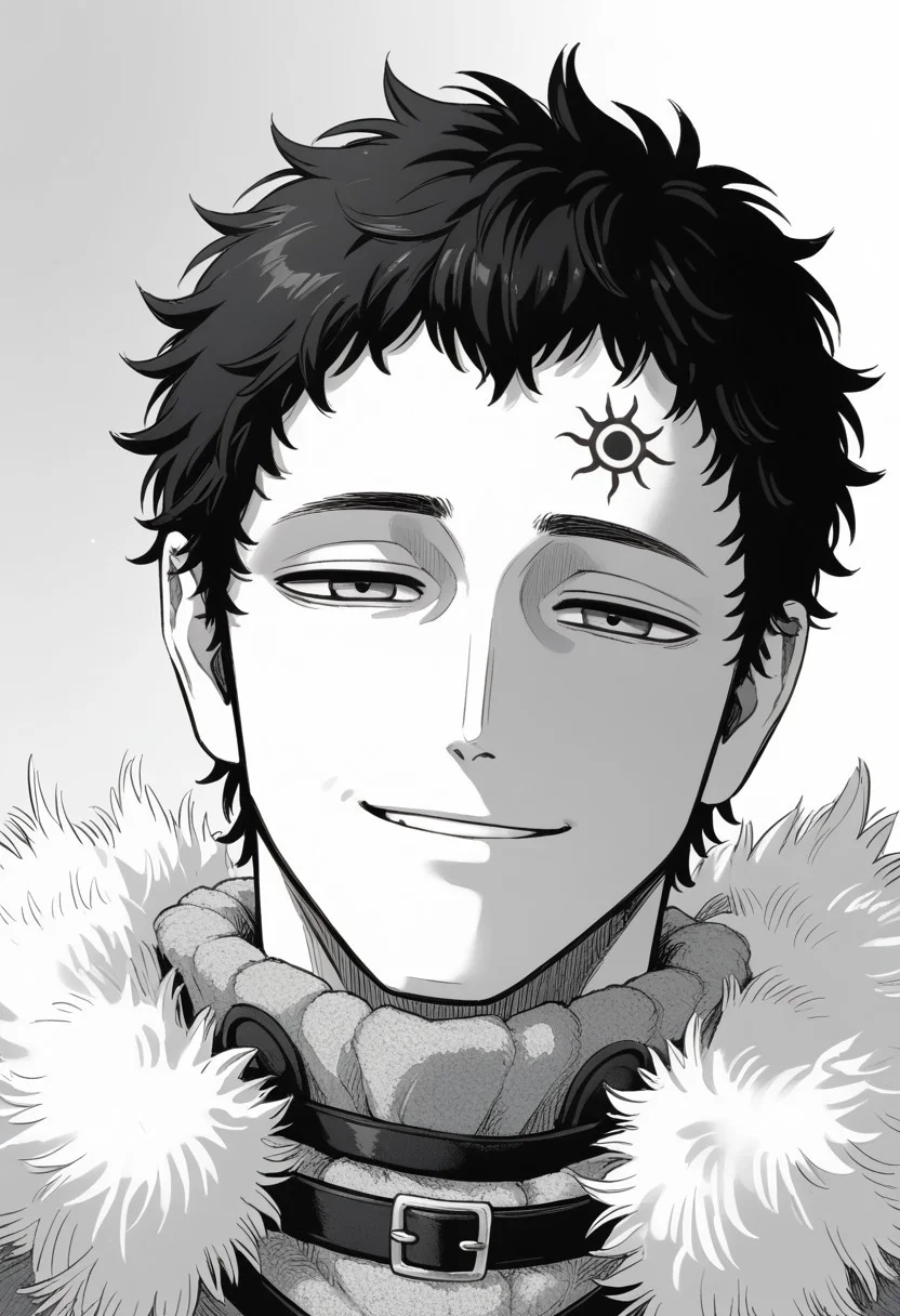 score_9, score_8_up, score_7_up, lucius zogratis, messy short hair, smug smile, forehead mark, furry robe, straps, fur cape, fur mantle, portrait, thinking face, eyes almost closed, ((solo)), manga, black and white, lineart, lines, monochrome, adult, man, man on his 40s