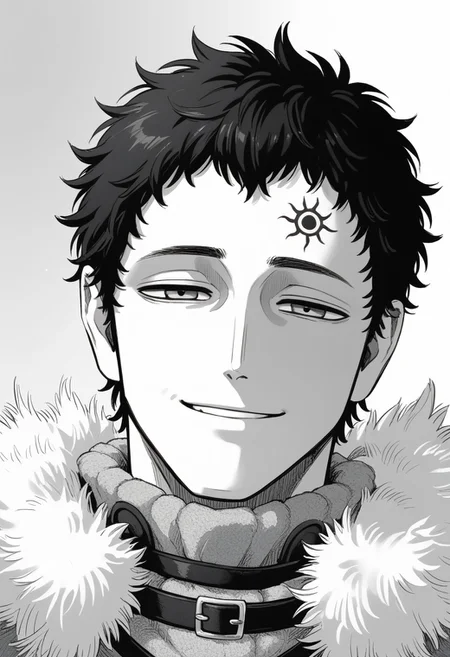 score_9, score_8_up, score_7_up, lucius zogratis, messy short hair, smug smile, forehead mark, furry robe, straps, fur cape, fur mantle, portrait, thinking face, eyes almost closed, ((solo)), manga, black and white, lineart, lines, monochrome, adult, man, man on his 40s