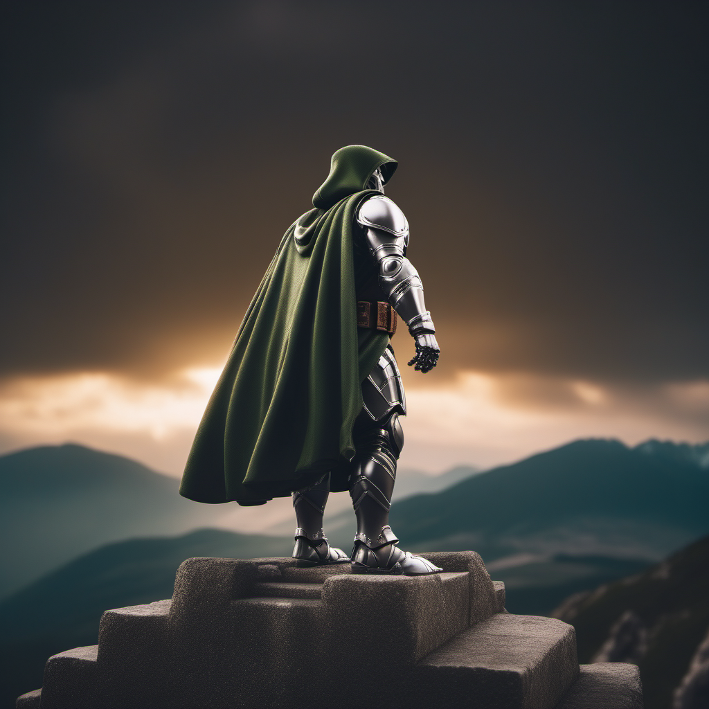 dr doom, full body,  with an helmet and a hood, powerfull, on top of the world, world domination <lora:DrDoom1024:0.8>