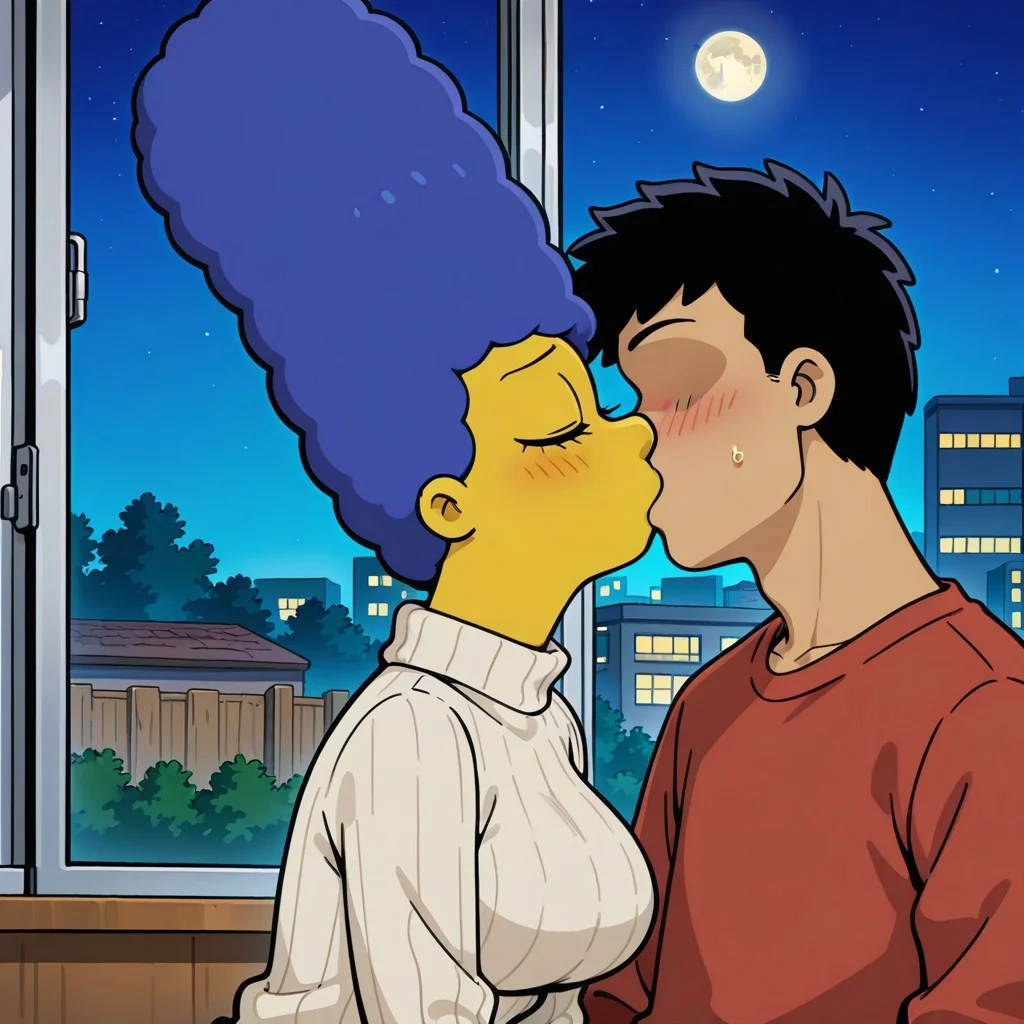 score_9,score_8_up,score_7_up,score_6_up,best quality,masterpiece, 1girl, 1boy, background is bar, indoors, sitting, upper body, kissing, hugging, window, night outside window, moon,
BREAK
margesimpson, yellow skin, blue hair, closed eyes, big beehive hair, tan turtleneck sweater, large breasts, blush,
BREAK
((faceless human male:1.5), short black hair)