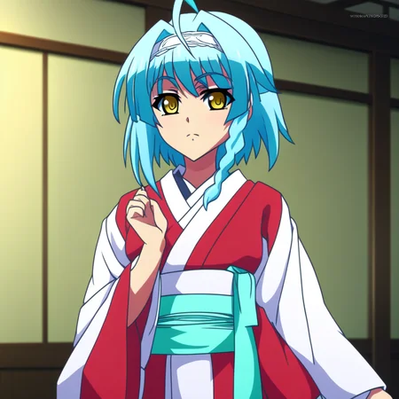 score_9, score_8_up, score_7_up, source_anime, NonakaYuki, 1girl, solo, closed mouth, light smile, blush, aqua hair, yellow eyes, side braid, YukiWedding, japanese clothes, (hood:1.2), white kimono, red sash, standing, looking at the viewer, indoors