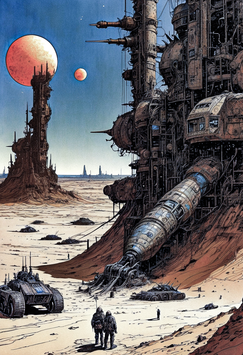 enki bilal,philippe druillet,moebius inspired french comics art "a vast desert filled with colossal, rusting machines of war, half-buried in the sand, a dying sun casting long shadows over the scene, adding to the eerie sense of a long-forgotten battlefield", the contrast in colors and textures should be distinct highly detailed,surreal,vibrant yet slightly desaturated