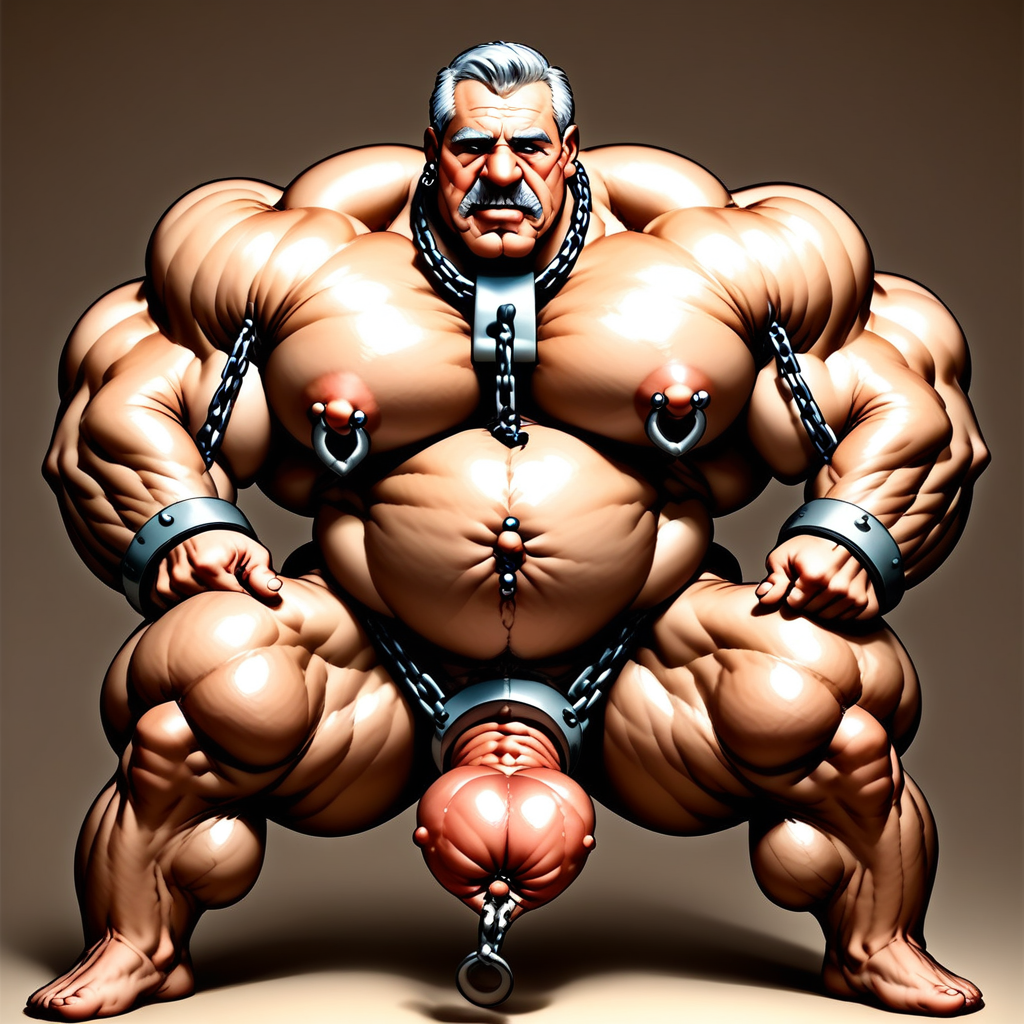 very old mature beefy bodybuilder hyper thick pectorals with thick nipple piercings, and thick chain inserted into urethra, using finger to dig into urethra,