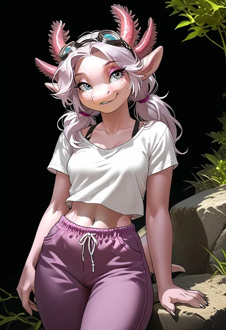 score_9, score_8_up, score_7_up, (by kittydee:1.5), (by jailbird:1.5), (by zummeng:1.5), masterpiece, best quality, (solo),
(Furry Art : Anthro : Axolotl:1.5), girl, expressive eyes, feminine eyes, <lora:beautiful_detailed_eyes:1>, perfect face, feminine face, ombre hair, (azure_hair), (beautiful silver hair), (long twintails:1.5), amphibian, pink skin, external gill stalks, feminine body, small breasts, (flat belly:1.3), (wide hips:1.4), (slim waist:1.2), (thick thighs:1.4), pink skin, silver eyes, (purple cargo pants), (t-shirt), (goggles around neck),