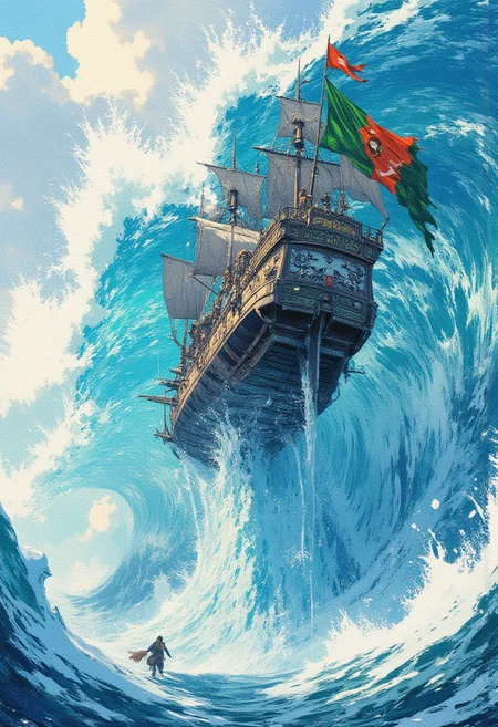 Anime pastel art, vibrant contrast art,score_9, score_8_up, score_7_up, An ethereal dreamscape of a inverted SHIP in air, Dreamy ship, skull flag , upside down ship, inverted ship, floating in air, held my frozen wave tsunami forzen wave, ship inside frozen ice, wave of water,lending medieval fantasy with surreal beauty in a masterpiece of intricate, high-quality detail, inspired by the style of Umempart.sharp focus, smoke, realistic photo, 4 k resolution, blade runner, detailed game setting, eldenscene, ((green and red Skull flag))