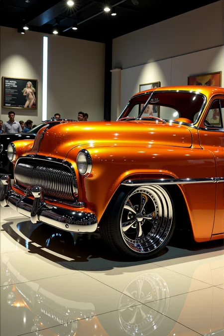 <lora:Hot_rod__style:0.8>
A radically customized classic car with exaggerated low-slung proportions, finished in a brilliant candy orange metallic paint, displayed under reflective showroom lights on polished ceramic tile flooring. The front fascia features an oversized smiling grille with polished chrome slats and an aerodynamic teardrop-shaped bumper surround, flanked by vintage bullet-style headlights. Fluid chrome accents sweep from the hood into deep fender inlays and across extended side skirts, blending retro jet-age motifs with futuristic proportions. The body is dramatically chopped and sectioned, hugging the ground with ultra-low clearance, and the massive deep-lip chrome wheels sit flush beneath fender skirts, creating a seamless rolling sculpture. The interior, partially visible through the panoramic glass, echoes the vibrant body tone with tailored upholstery and retro-modern detailing. DoubleStream Style Layer: hyper-realistic concept car rendering with retro-futurist design influences, mid-century American car culture merged with ultra-modern fabrication, high-gloss candy orange contrasted by liquid chrome and reflective black accents, showroom lighting setup with soft ceiling reflections and smooth tile specularity, low-angle wide-lens composition enhancing stance and exaggerated curves, 1950s sci-fi styling blended with hot rod show-car aesthetics.