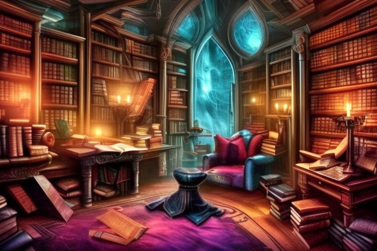 a fantasy bedroom that is also the owner's personal library with books everywhere
FanStu