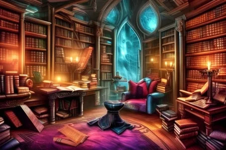a fantasy bedroom that is also the owner's personal library with books everywhere
FanStu