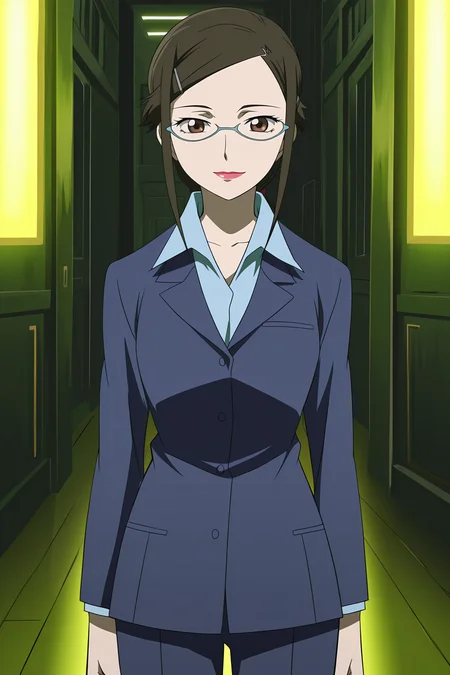 anime screencap, anime coloring, detailed face, masterpiece, best quality, very aesthetic, absurdres, volumetric lighting, official style, amazing quality, ultra detailed,  highres, amazing quality, scenery, beautiful detailed hair, beautiful detailed eyes, defined fingers, five fingers,
nsfw, uncensored,
<lora:StS-Illustrious-Detail-Slider-v1.0:4>
 <lora:Misaki_Kirihara_Darker_Than_Black:1>
Misaki work suit (outfit), Misaki Kirihara (character), 1girl, solo, glasses, brown eyes, hair ornament, shirt, blue shirt, looking at viewer, brown hair, hairclip, arms at sides, lipstick, jacket, suit, collared shirt, cowboy shot, smile
