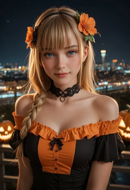 score_9_up, score_8_up, score_7_up, score_6_up, 1girl, 25 years old, perfect face, (adult), sexy,
three quarter view, detailed face, portrait, face focus, depth of field, looking at viewer, blush, shy smile, close up,
blue eyes,
blonde hair, french braid, hair ornament, flower hair ornament, blunt bangs, asymmetrical sidelocks, single sidelock,
black choker, halloween costume, striped clothes, orange dress, black dress, frilled dress, bare shoulders, short sleeves, Halloween,
nights, river, city, cityscape, city lights,