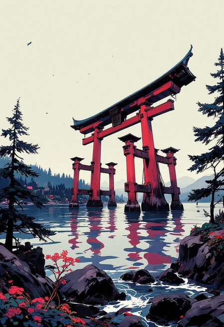 Mh1$AgThS2, intricate linework with expressive contrasts, soft lighting with dynamic highlights, A digital artwork in the style of cknc, image of a colossal red tori gate in the Sea of Japan, standing far from shore, forested coastline, foggy