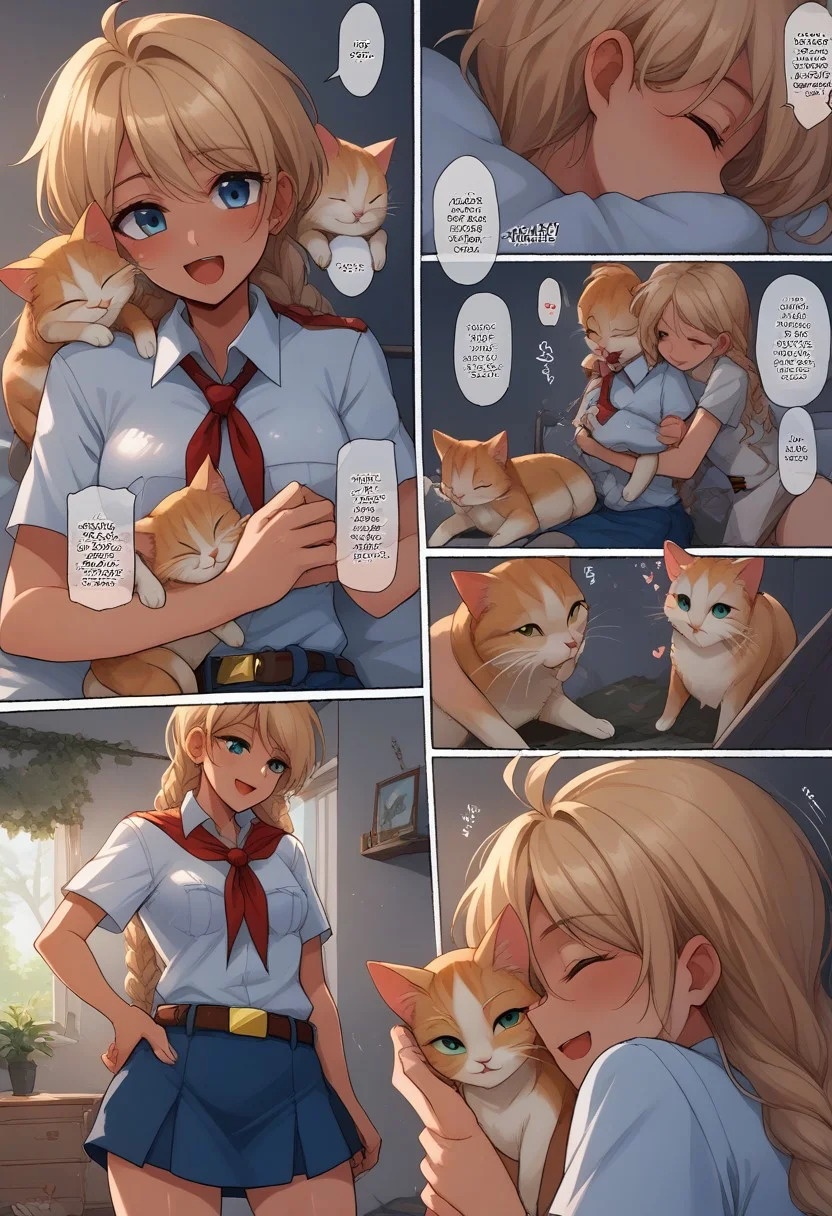 score_9, score_8_up, score_7_up, source_anime, BREAK
<lora:FComic_1to1000_Pony_V1:1>fcomic_1to1000_pony, (comic:1.25),
(Multi view, Frame, Text, speech bubble, frame, heart, trembling, focus line, vibrating line, comic expression, Sound effect)
1girl, cat, cude, cat, cats, fluffy, cute, neko, kawai, cuddling with cat, holding cat, joy, happy, animal, cute animal, woods, summer camp, trees, joy, happy,
1girl, medium breasts, shiny skin, BREAK, white collared shirt, short sleeves, red neckerchief, neckerchief, belt, blue skirt, BREAK, amazing background, inside, bedroom, on bed, night, light turn off, moon light, shade, (the ceiling:1.3), <lora:Everlasting_Summer_Vanilla_Backgrounds_by_GraffMetal:0.7>, <lora:Everlasting_Summer_Vanilla_Art_Style_by_GraffMetal:0.7>