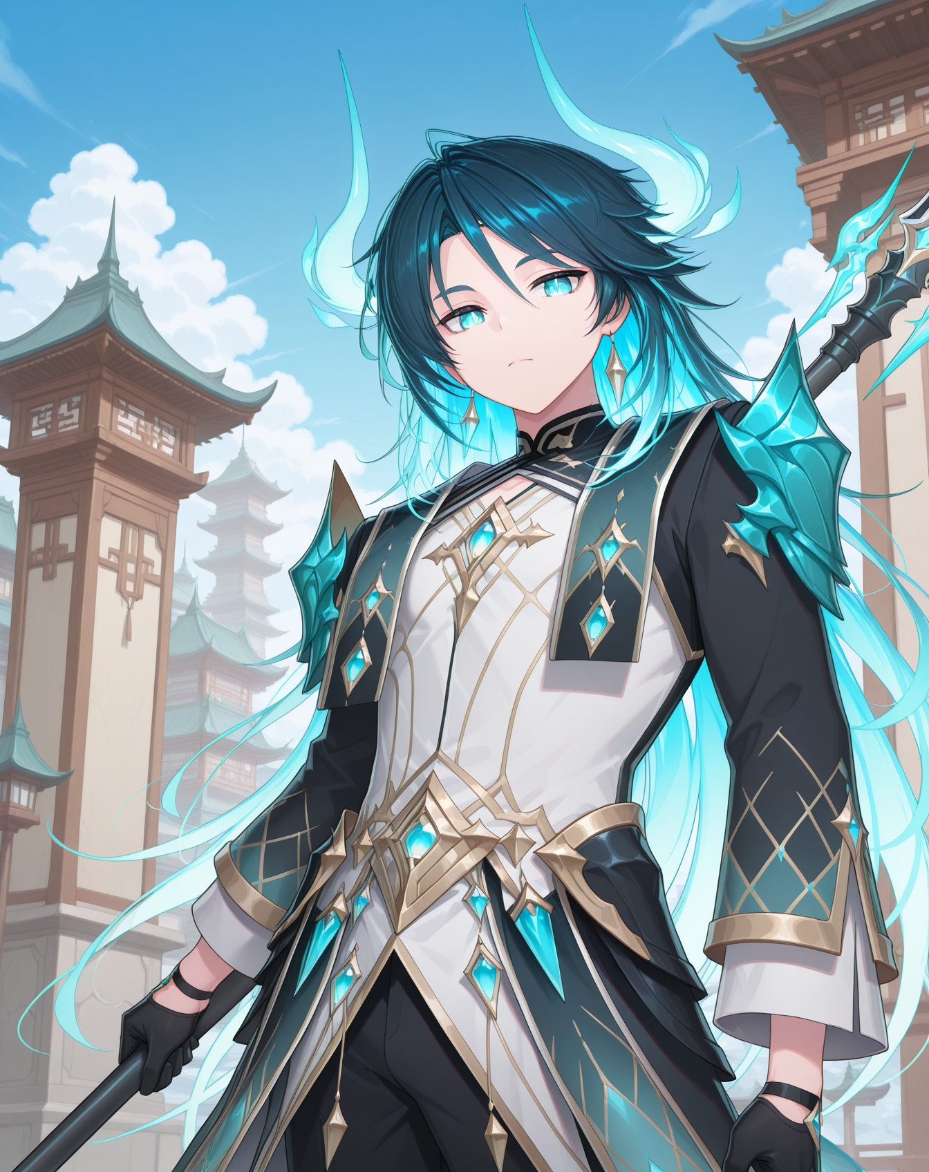 masterpiece, amazing quality, best quality, absurdres, very aesthetic,
1boy, solo, yaoi, male focus, cowboy shot, upper body, looking at viewer, face focus,
<lora:Nepteon_Default_ilxl:1> nepteondefault, dragon horns, dark blue hair,glowing hair, colored inner hair, diamond-shaped pupils, green horns, aqua eyes,
black gloves, long sleeves, black pants, chinese clothes, diamond (shape), expressionless, chest jewel, armor,
boots, black footwear,
holding weapon, holding polearm, spear,
outdoors, day, blue sky,