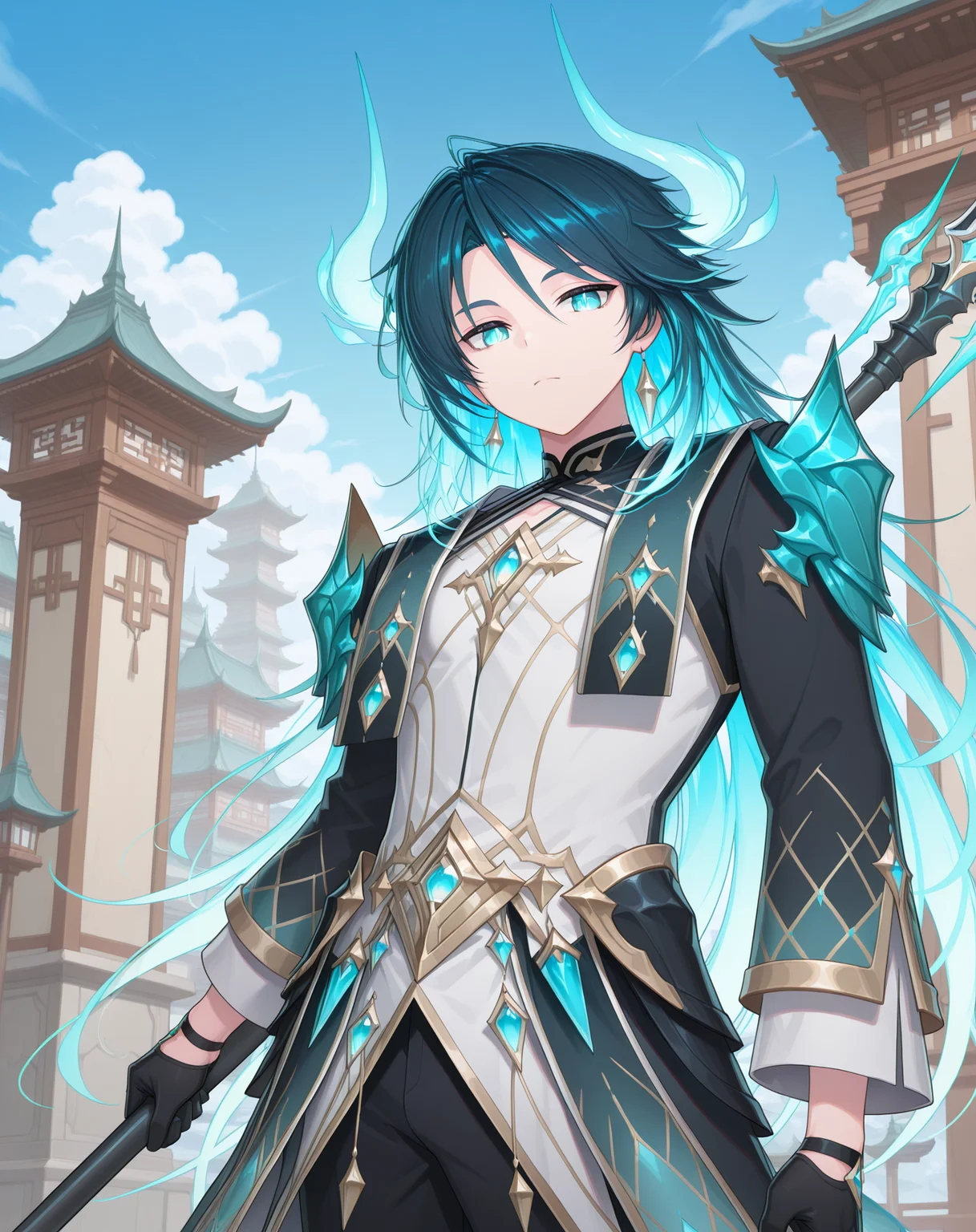 masterpiece, amazing quality, best quality, absurdres, very aesthetic,
1boy, solo, yaoi, male focus, cowboy shot, upper body, looking at viewer, face focus,
<lora:Nepteon_Default_ilxl:1> nepteondefault, dragon horns, dark blue hair,glowing hair, colored inner hair, diamond-shaped pupils, green horns, aqua eyes,
black gloves, long sleeves, black pants, chinese clothes, diamond (shape), expressionless, chest jewel, armor,
boots, black footwear,
holding weapon, holding polearm, spear,
outdoors, day, blue sky,