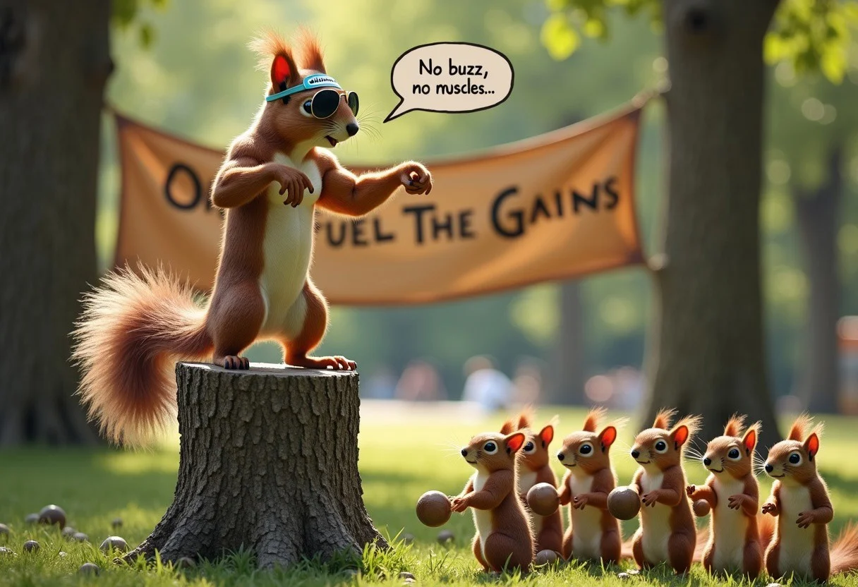 A buff, shirtless squirrel is dramatically flexing on a tiny tree stump in the middle of a park. His fur gleams in the sunlight as if it’s been oiled, and his comically oversized pecs and biceps are clearly fake—they’re just walnuts stuffed into a stretchy tank top. He’s wearing tiny aviator sunglasses and a headband that says “Buzz Gains.”
Nearby, a bunch of smaller, weaker squirrels look on in awe, holding tiny dumbbells made out of acorns. One of them is trying to copy his flex but looks hilariously uncoordinated. Behind them, a homemade banner hangs between two trees, reading:
“Buzz Gym: Fuel the Gains.”
The buff squirrel points dramatically at the viewer with one paw while holding a buzz coin like a protein bar in the other. A speech bubble above him reads:
“No buzz, no muscles—don’t make me go nuts!”
The absurdity of a ripped squirrel running a gym powered by buzz makes this scene both ridiculous and hysterical.