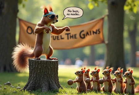 A buff, shirtless squirrel is dramatically flexing on a tiny tree stump in the middle of a park. His fur gleams in the sunlight as if itâs been oiled, and his comically oversized pecs and biceps are clearly fakeâtheyâre just walnuts stuffed into a stretchy tank top. Heâs wearing tiny aviator sunglasses and a headband that says âBuzz Gains.â
Nearby, a bunch of smaller, weaker squirrels look on in awe, holding tiny dumbbells made out of acorns. One of them is trying to copy his flex but looks hilariously uncoordinated. Behind them, a homemade banner hangs between two trees, reading:
âBuzz Gym: Fuel the Gains.â
The buff squirrel points dramatically at the viewer with one paw while holding a buzz coin like a protein bar in the other. A speech bubble above him reads:
âNo buzz, no musclesâdonât make me go nuts!â
The absurdity of a ripped squirrel running a gym powered by buzz makes this scene both ridiculous and hysterical.