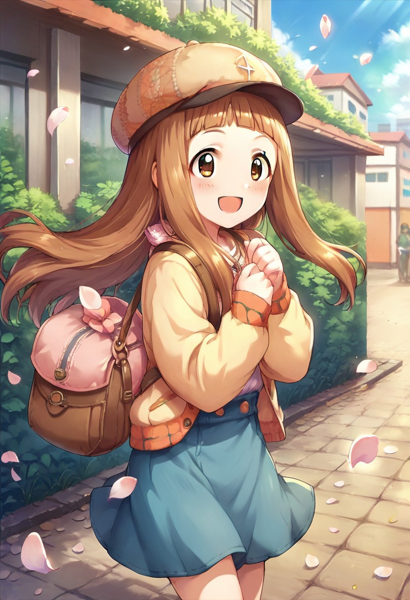 score_9, score_8_up, score_7_up, source_anime,ichihara nina, long hair, brown hair, brown eyes, 1girl, randoseru, solo, bag, smile, hat, outdoors, open mouth, petals, blush