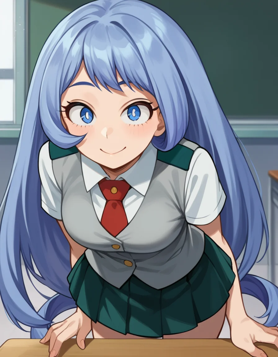 score_9, score_8_up, score_7_up, source_anime,
nejirehadou, <lora:nejire-hadou-ponyxl-lora-nochekaiser:1>
nejire hadou, blue eyes, blue hair, long hair, smile,
necktie, pleated skirt, school uniform, short sleeves, skirt, u.a. school uniform,
indoors, classroom, bent over,
looking at viewer, dutch angle, cowboy shot,